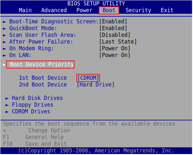  Now we see a similar screen and the option to choose BOOT and choose Boot Device Priority and choose the first device to boot CDROM and the second device as HARD DRIVE We can press F10 to save the settings. 