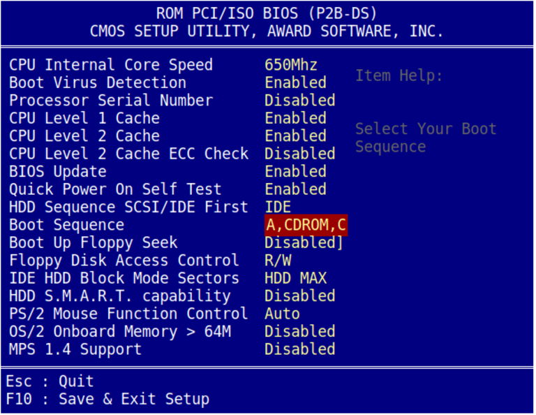 and set Boot Sequence to A, CDROM, C and press Esc then F10 to save the configuration. 